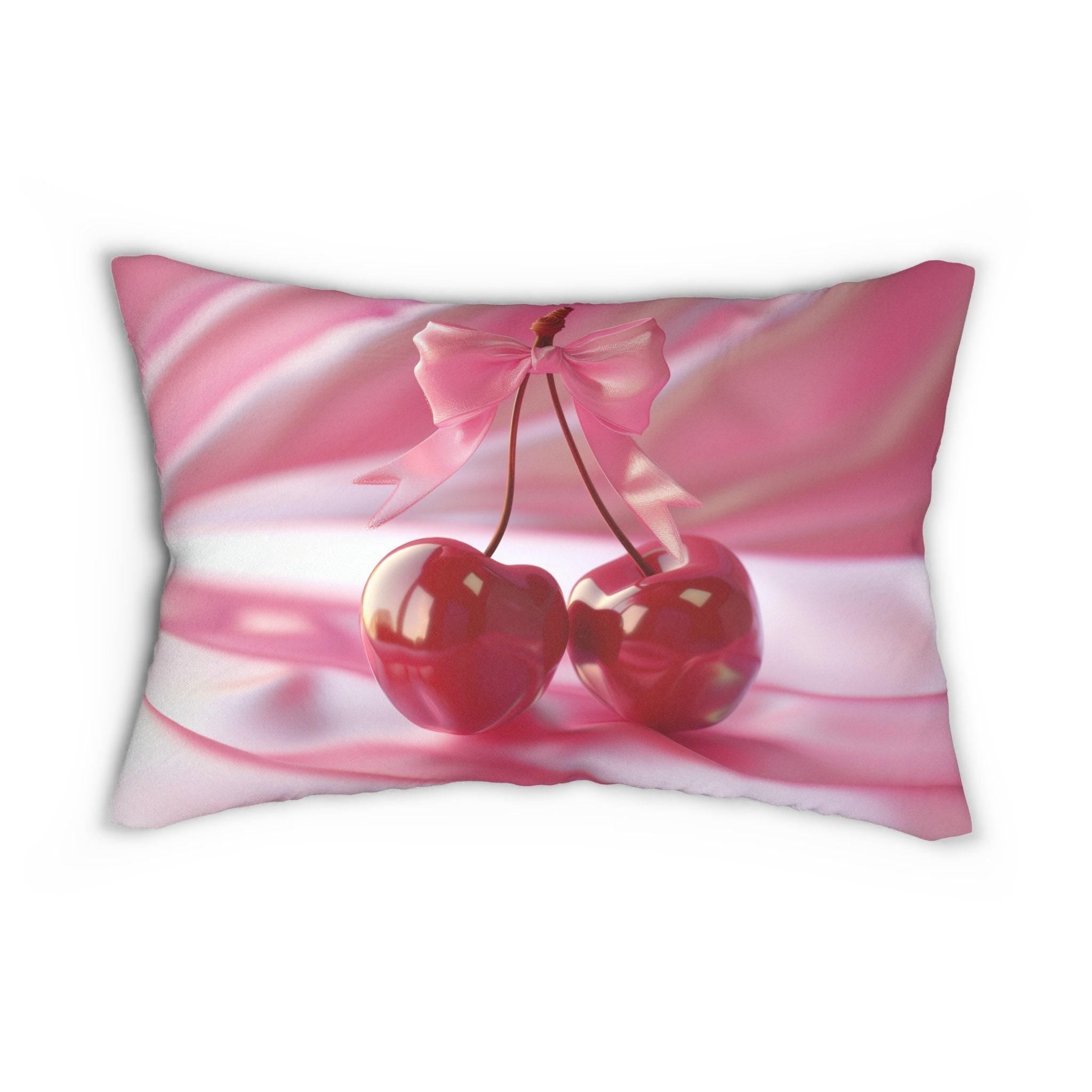 Coquette Lumbar Pillow: Pink Cherries and Bow Cushion