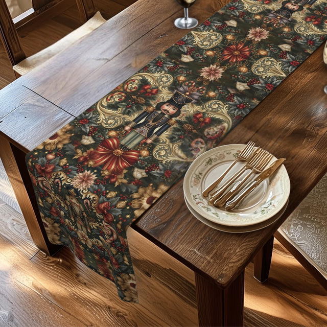 William Morris Nutcracker Christmas Table Runner: Red, Green, Gold Vintage Style Holiday Dining