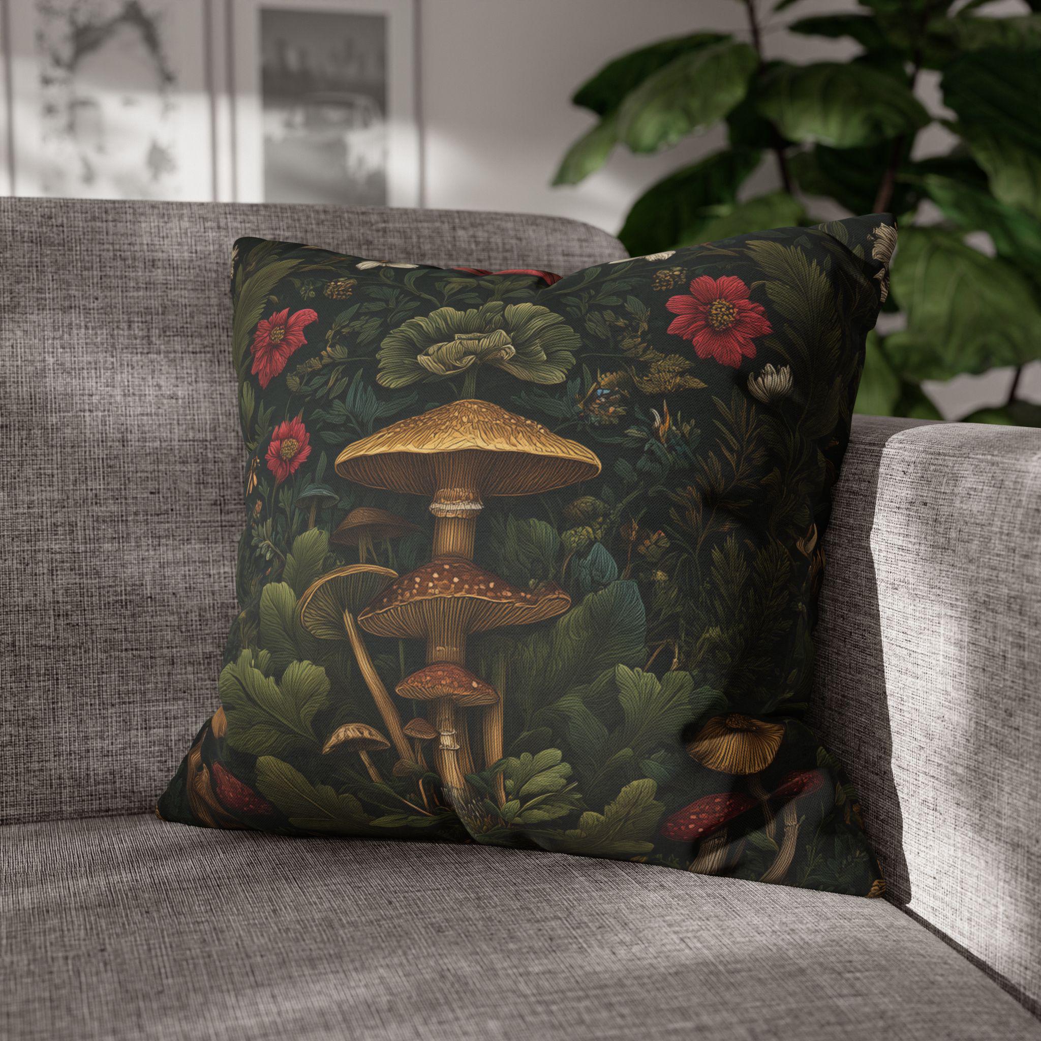 William Morris-Inspired Mushroom Pillow Cover: Dark Forest Botanical Cushion for Cottagecore Decor