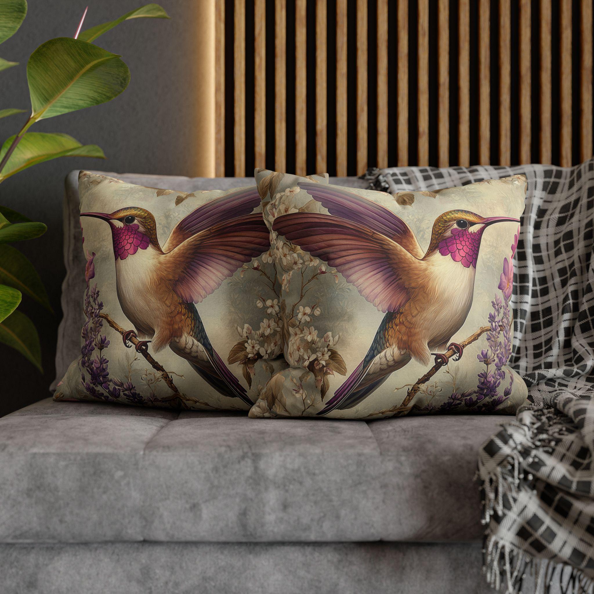 Vintage Style William Morris Inspired Hummingbird Pillow Cover: Elegant Botanical Lavender Bloom Garden Cushion