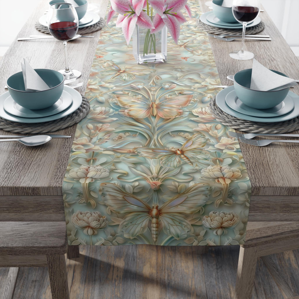 William Morris Table Runner: Celadon Aqua Pastel Floral Butterfly Design