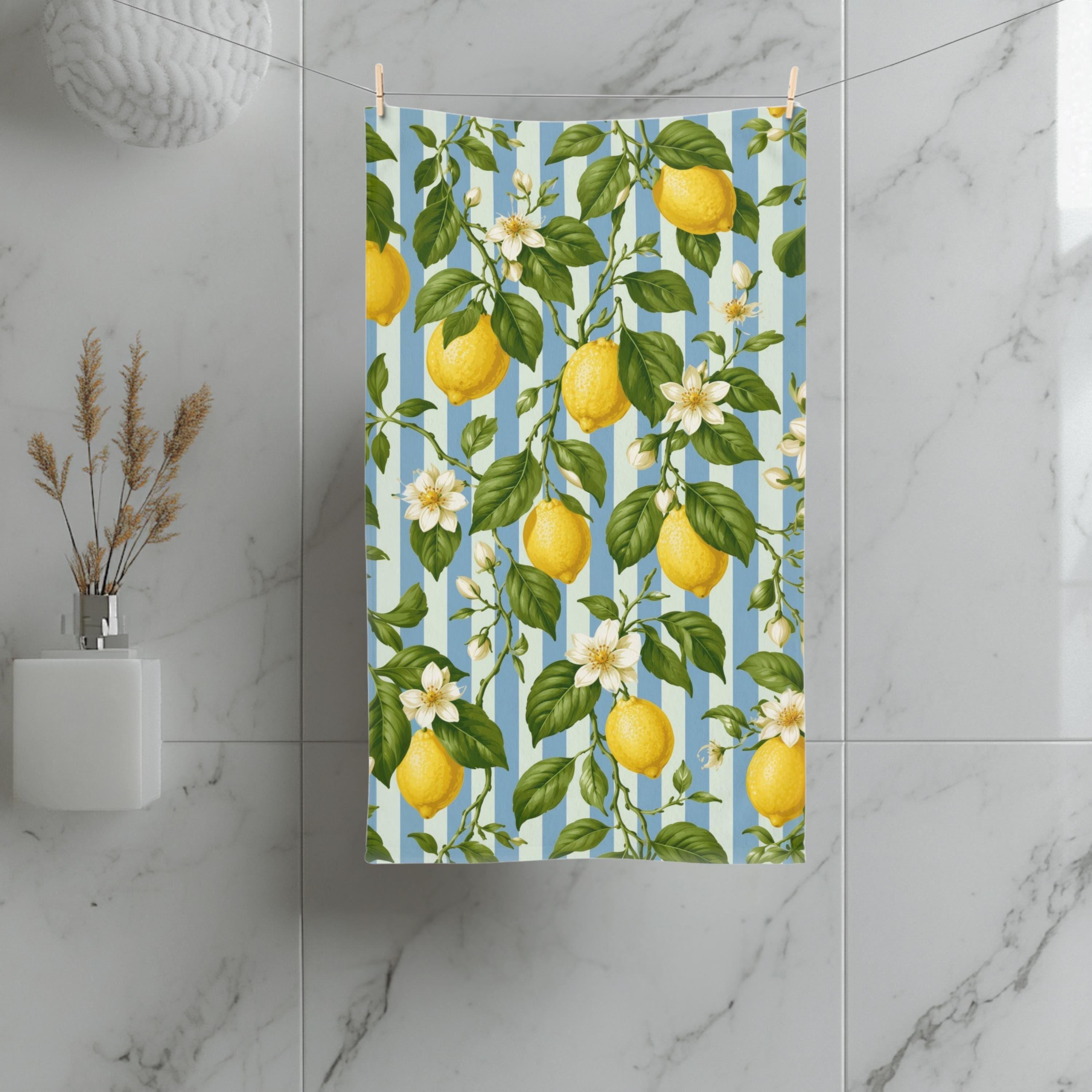 Lemon Soft Blue Stripe Hand Towel: with Green Leaves and White Florals