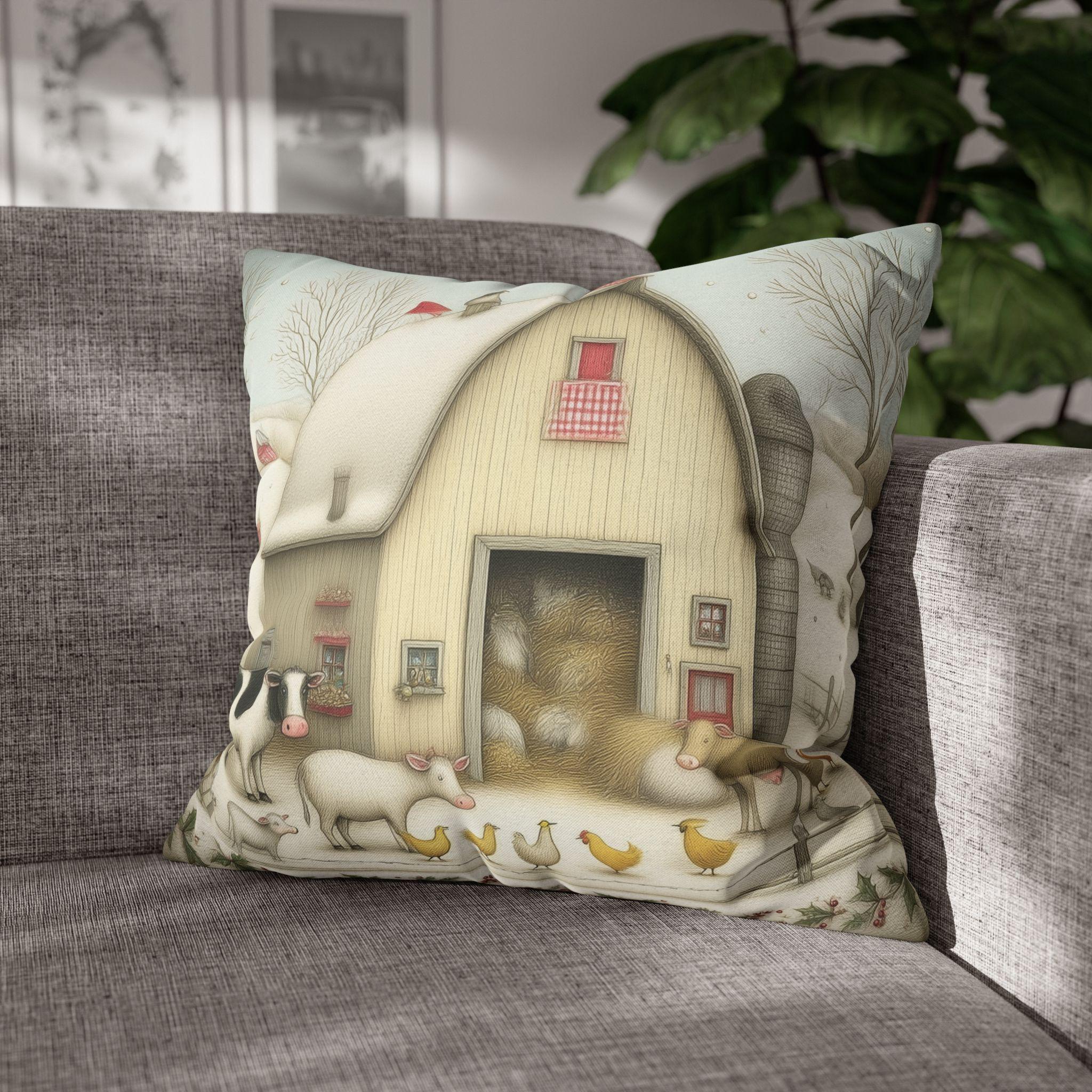 Farmhouse Christmas Barn Pillow Cover: Vintage Style Winter Country Scene