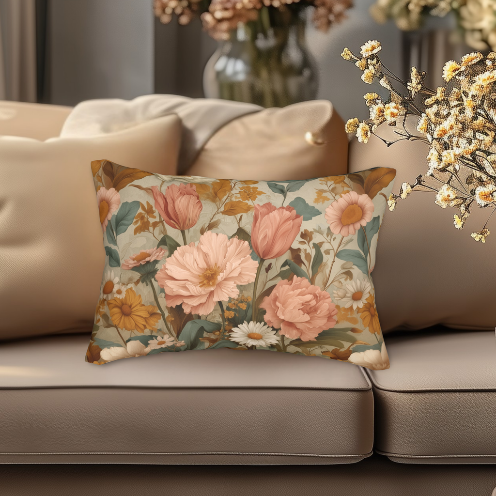 William Morris Inspired Botanical Lumbar Pillow: Dusty Rose, Sage, Ochre Autumn Accent
