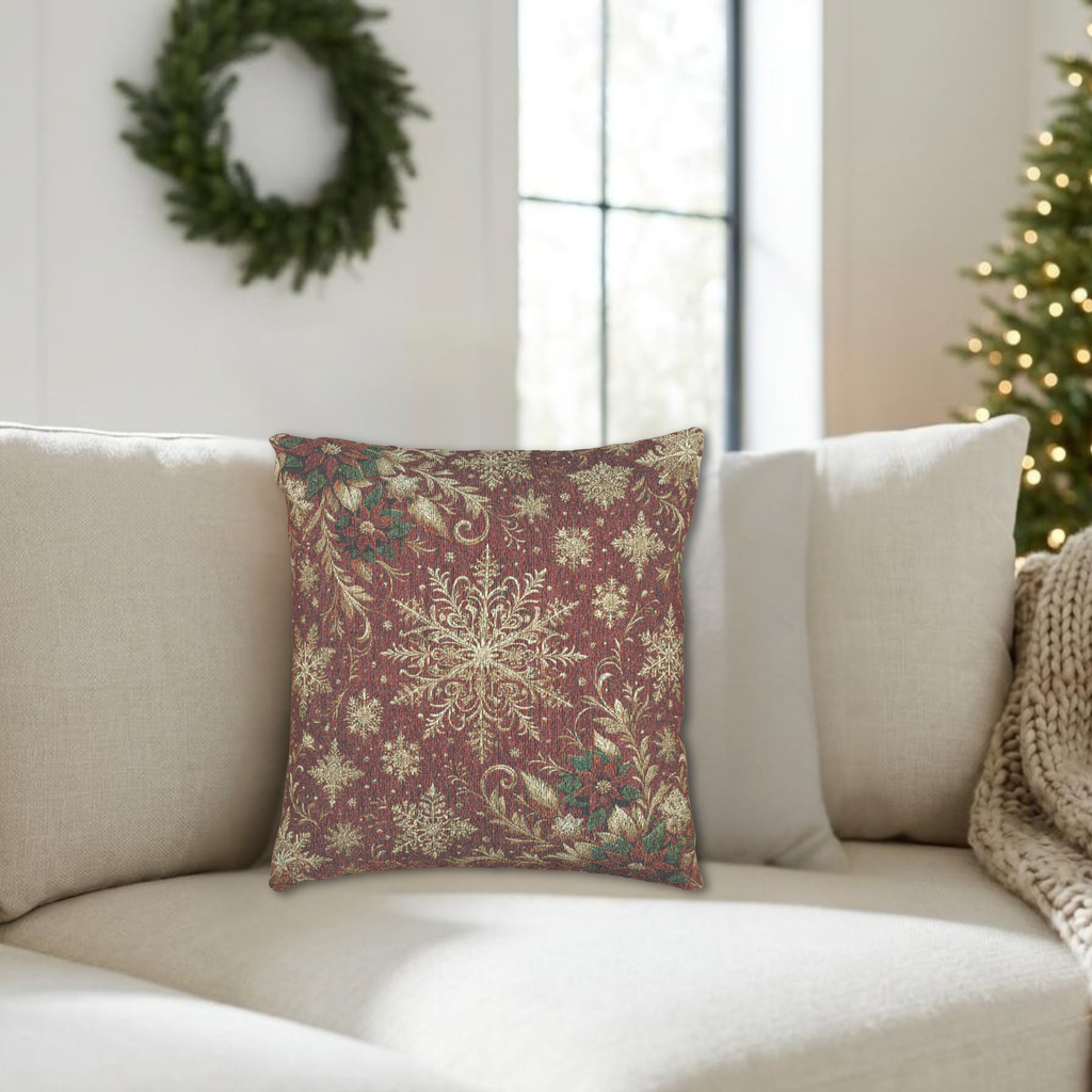 Snowflakes and Poinsettias Christmas Pillow : Red and Ivory-Gold Heritage Holiday Jacquard Woven Throw