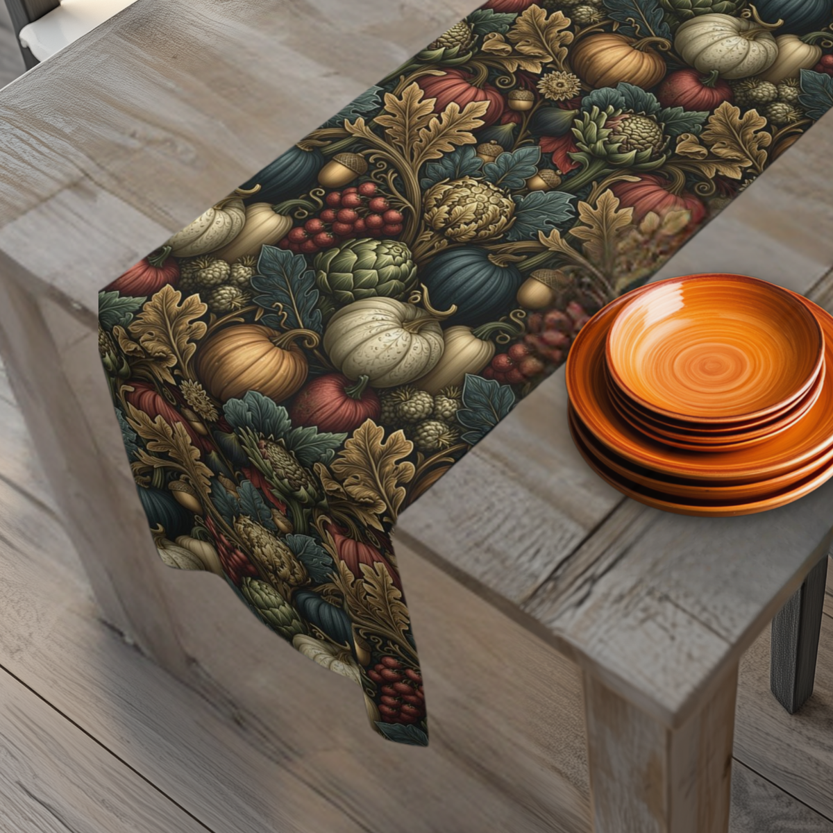 a table runner with a vibrant autumnal pattern of pumpkins, leaves, and other fall-themed elements. The runner is draped over a wooden table, and there are orange plates stacked on the table.