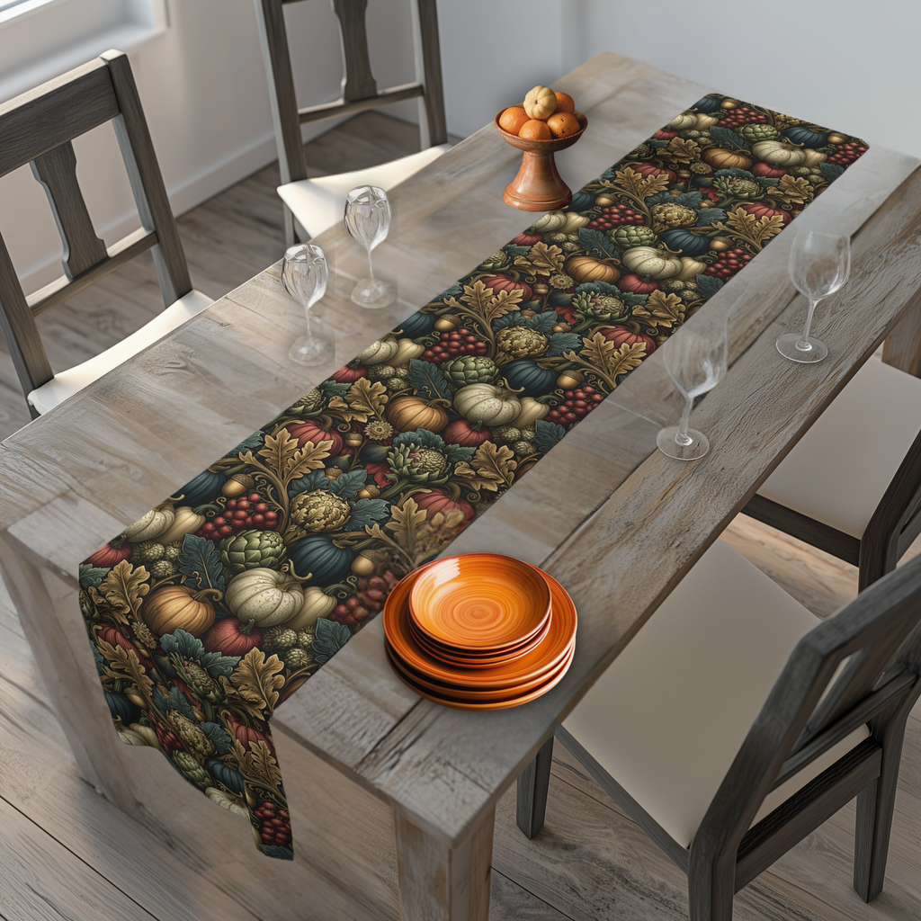 a dining table with a table runner decorated with a fall-themed print, including pumpkins, leaves, and other seasonal elements. The table is set with plates, wine glasses, and a bowl, creating a cozy and festive atmosphere.