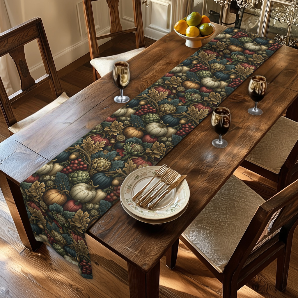 a dining room with a wooden table set for a meal. The table is adorned with a table runner featuring a vibrant autumnal pattern of pumpkins, gourds, and other fall-themed elements. There are two wine glasses, a plate with a fork and knife, and a bowl of fruit on the table. The chairs surrounding the table are positioned for a meal, creating a cozy and inviting atmosphere.