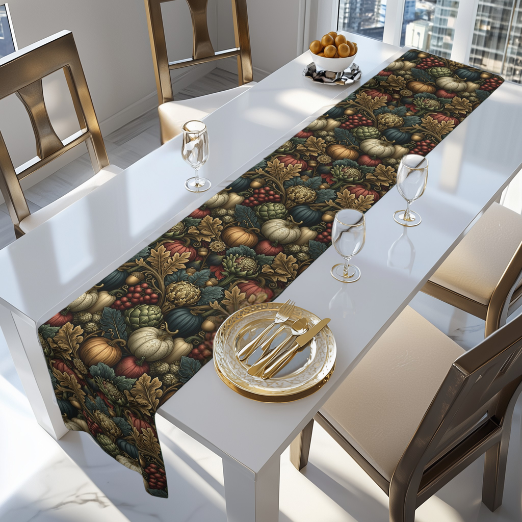 a dining table set with a table runner featuring a colorful autumnal pattern, a plate with a fork and knife, and two wine glasses.