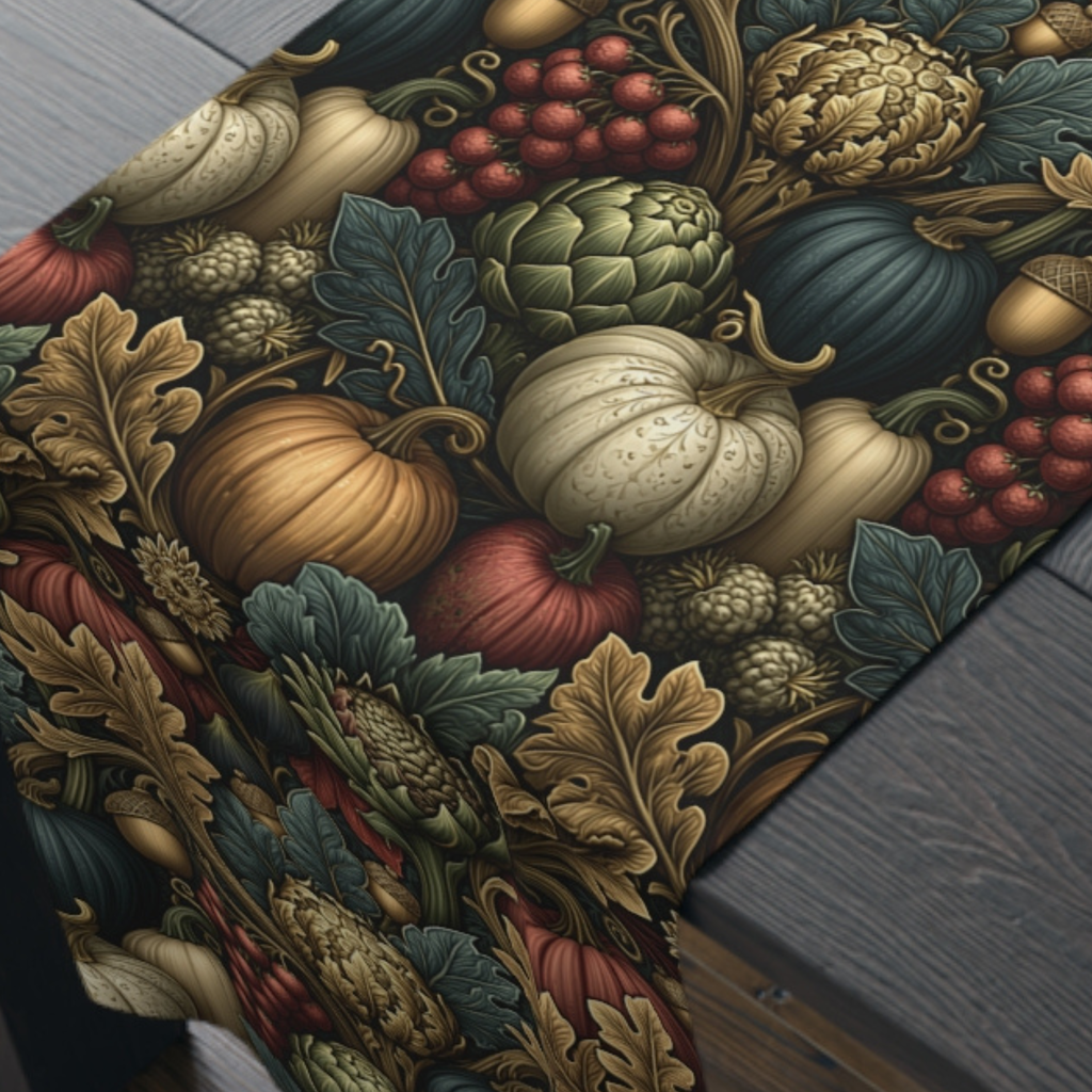 a table runner with a vibrant autumnal design, including various fruits and vegetables such as pumpkins, apples, and berries.