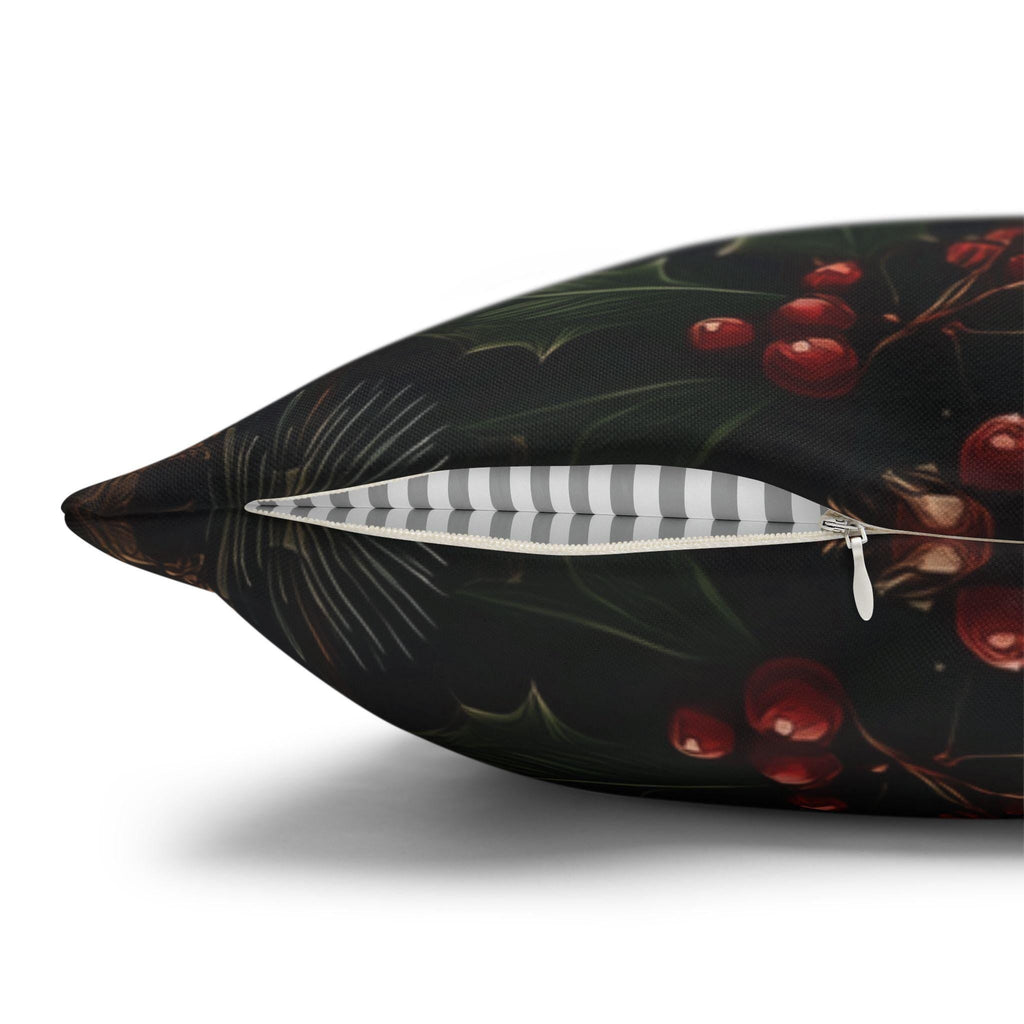 Dark Botanical Holiday Pillow Cover: Gold Poinsettia, Red Florals & Candy Canes on Deep Pine