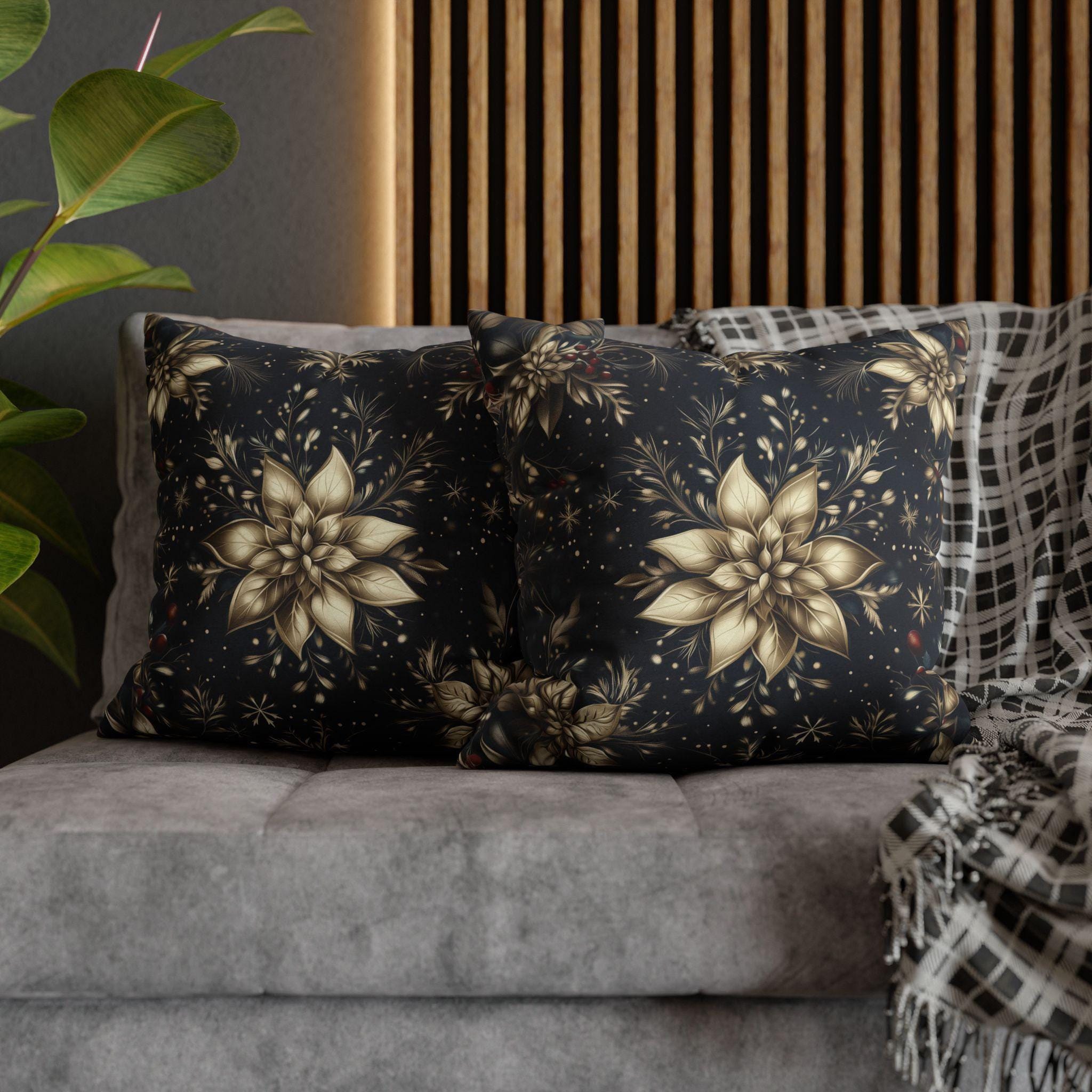 Elegant Holiday Pillow Cover | Golden Poinsettia Design | Navy Blue Background