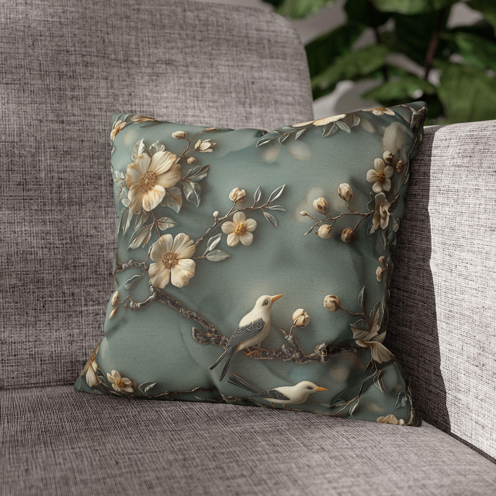Elegant Chinoiserie Floral Pillow Cover: Cream Blossoms on Dreamy Soft Blue Background