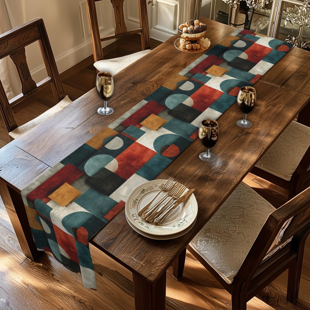 Bauhaus Table Runner: Geometric Mid Century Modern Decor in Teal-Gray, Rust and Cream