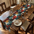 Bauhaus Table Runner: Geometric Mid Century Modern Decor in Teal-Gray, Rust and Cream