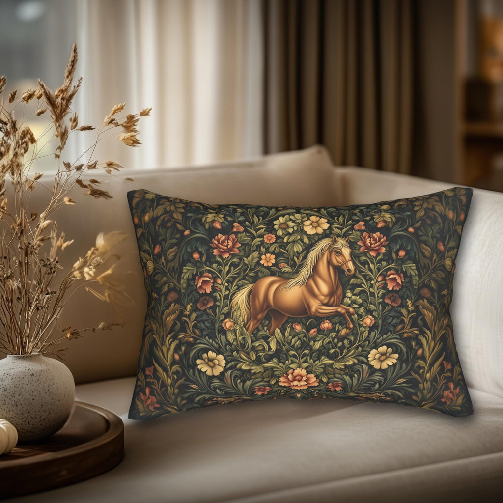 Horse Lumbar Pillow: William Morris Inspired  Golden Equestrian Botanical Floral