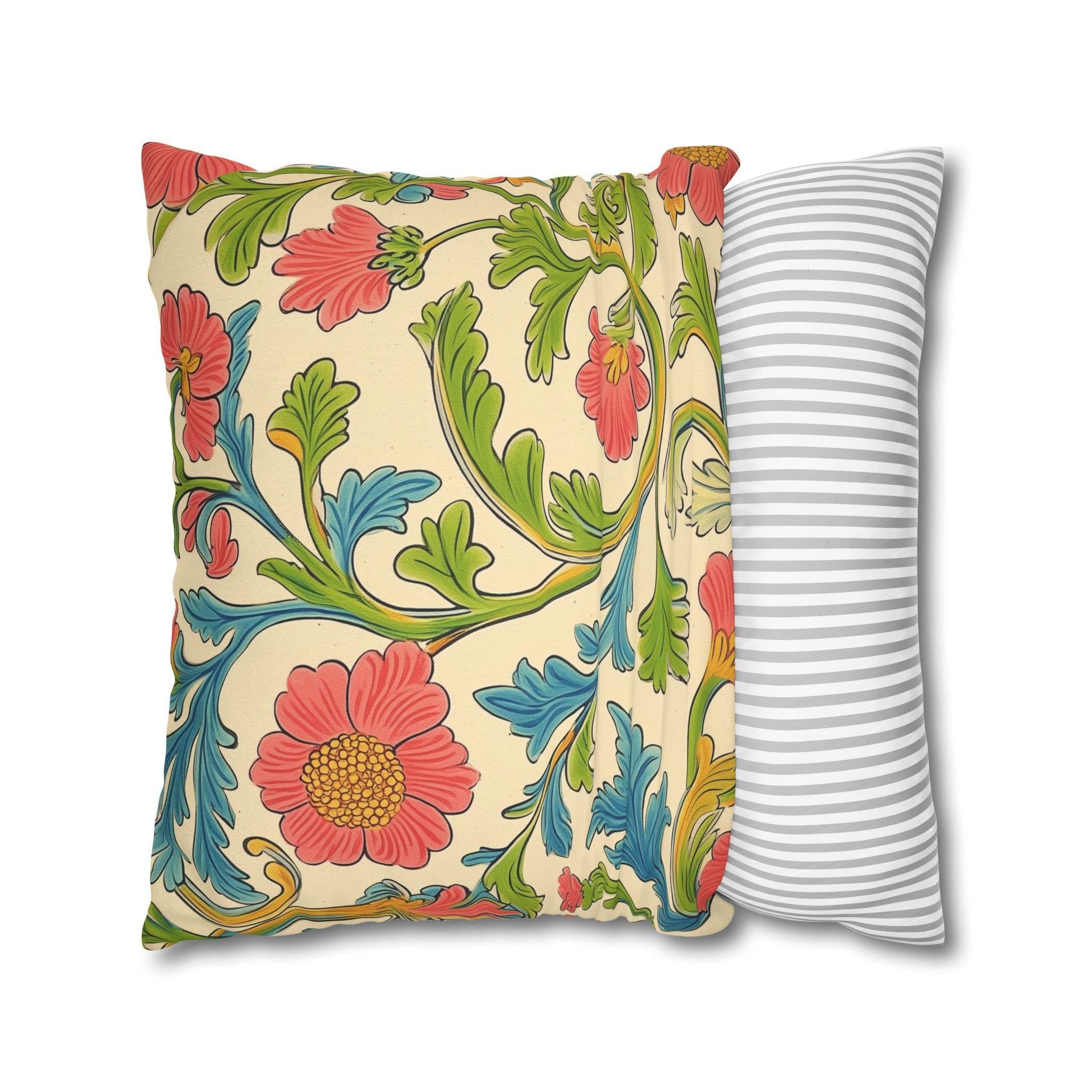 Arts and Crafts Floral Pillow Cover: William Morris Lodden-Inspired Design in Coral, Blue, Green