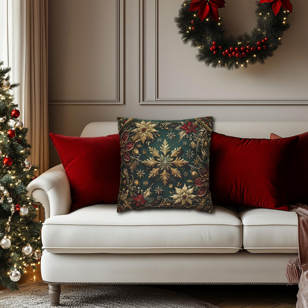 Victorian Snowflake Pillow Cover: Gold & Green with Red Poinsettias for Holiday Decor