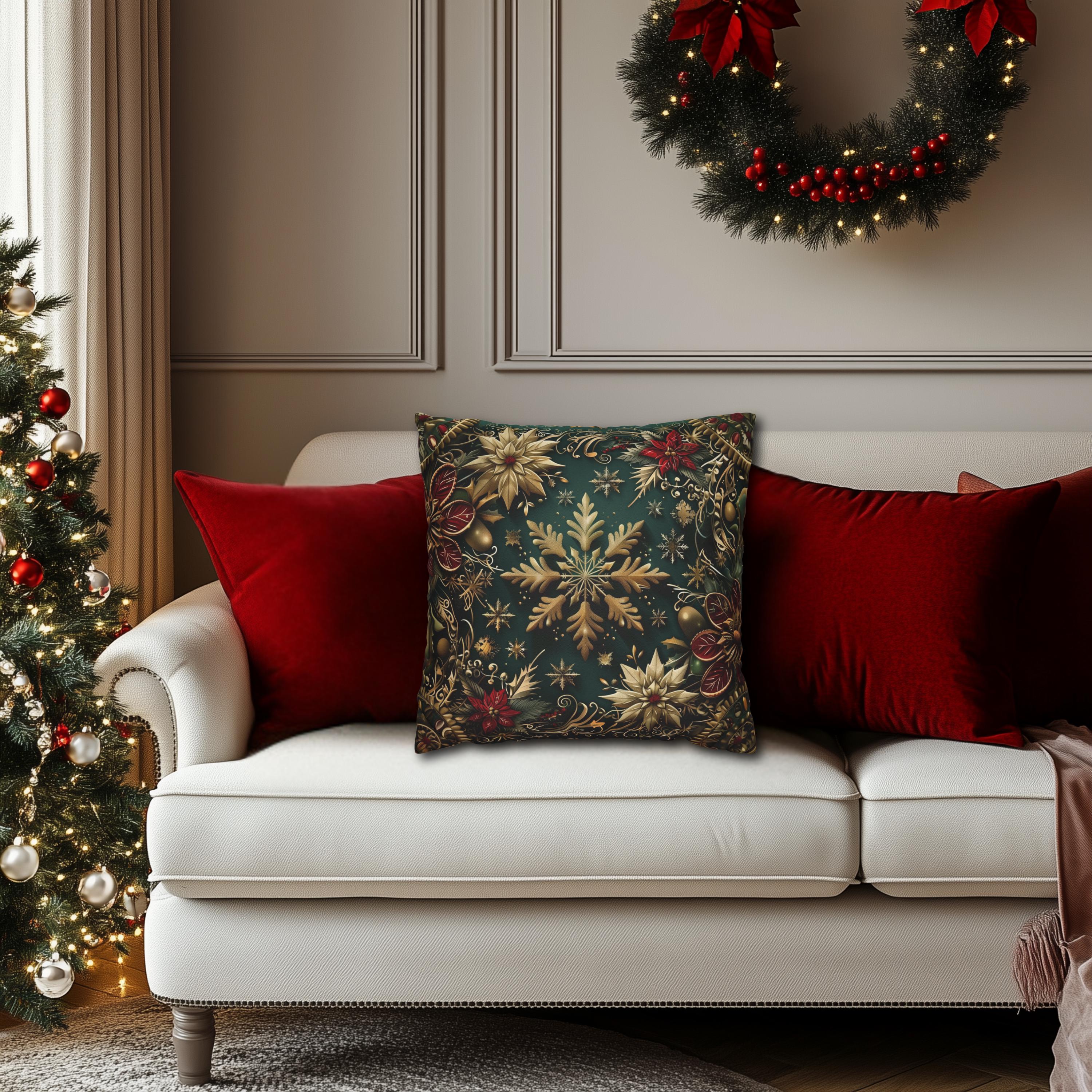 Victorian Snowflake Pillow Cover: Gold & Green with Red Poinsettias for Holiday Decor