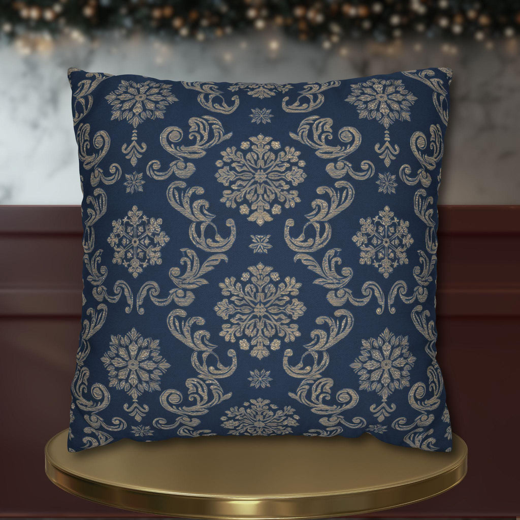 Elegant Silver Snowflake Pillow Cover: Deep Blue Holiday Decor