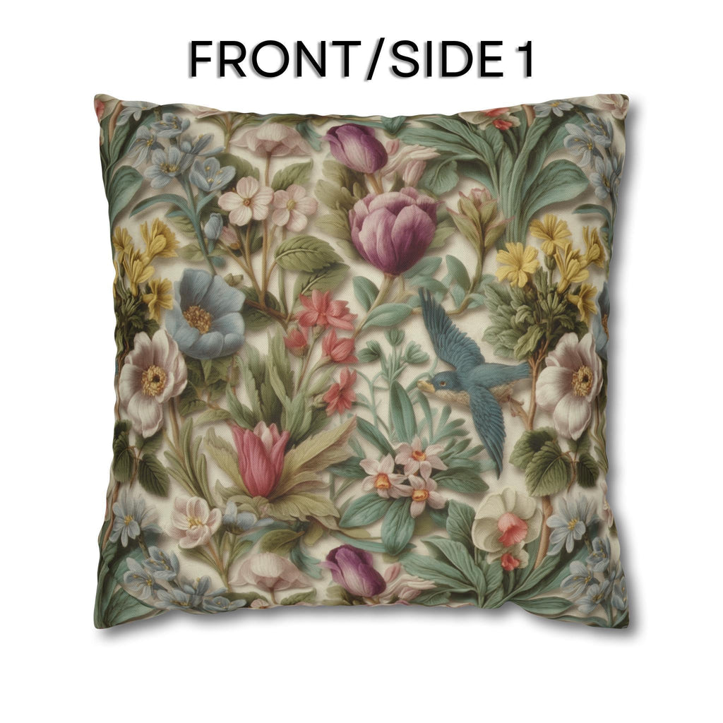 Stylized Botanical Pillow Cover: Floral & Songbird Garden in Soft Pastels