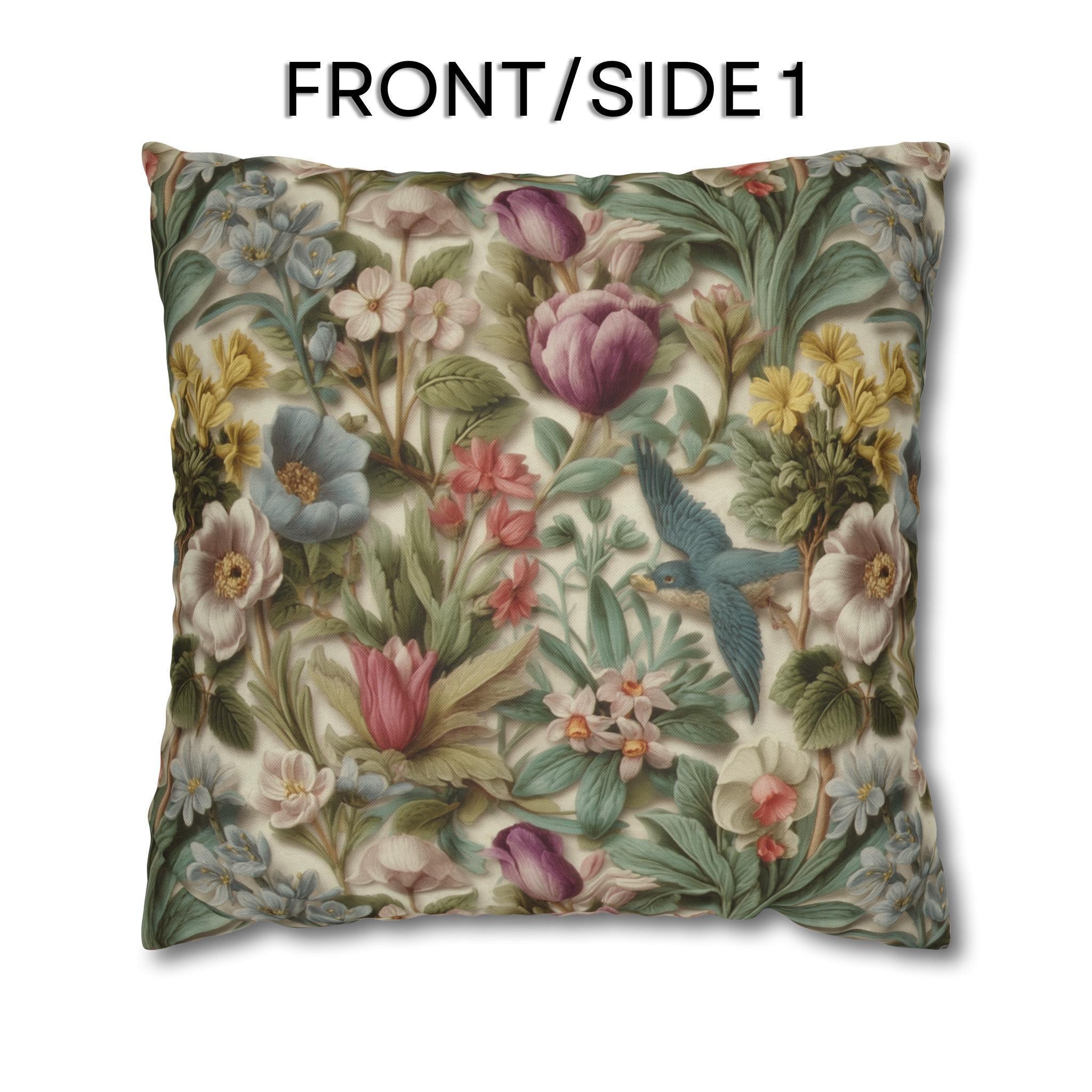 Stylized Botanical Pillow Cover: Floral & Songbird Garden in Soft Pastels