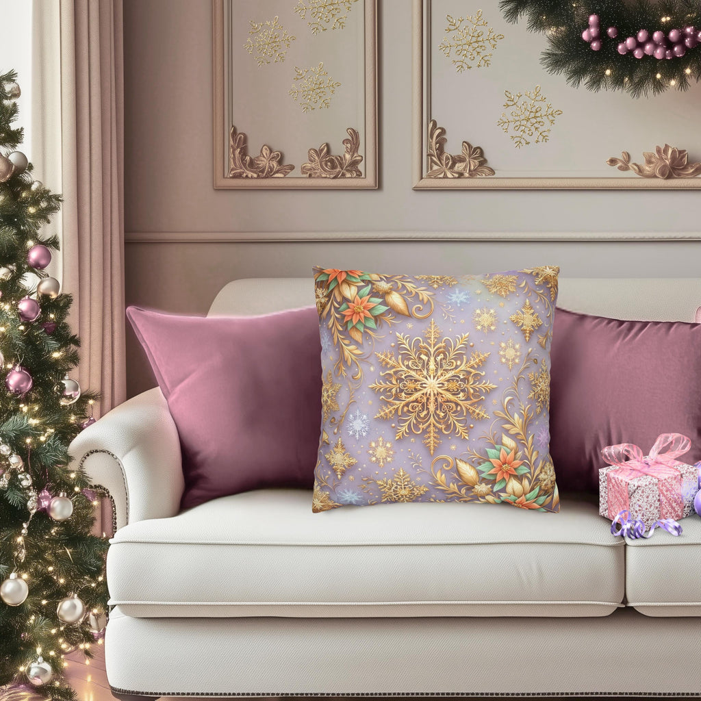 Pastel Christmas Pillow Cover: Gold Snowflake, Lilac Winter Decor, Frosted Poinsettia, Shabby Chic