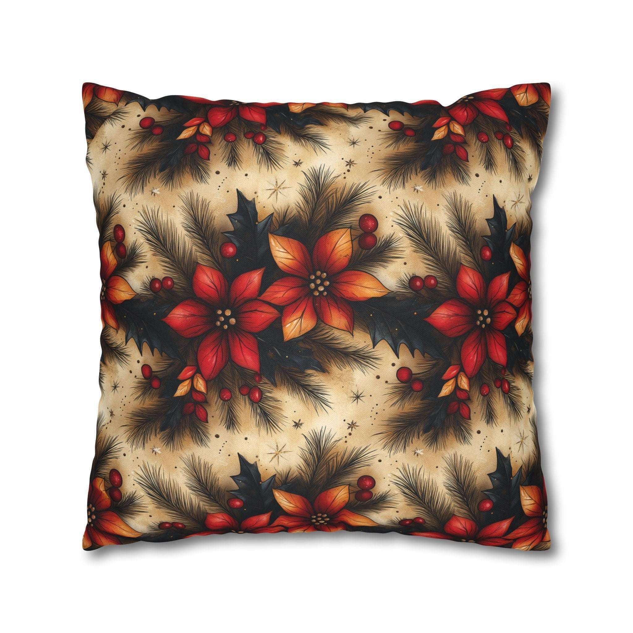Christmas Poinsettia Pillowcase, Traditional Red and Green  Holiday Festive Home Decor Pillow Cover