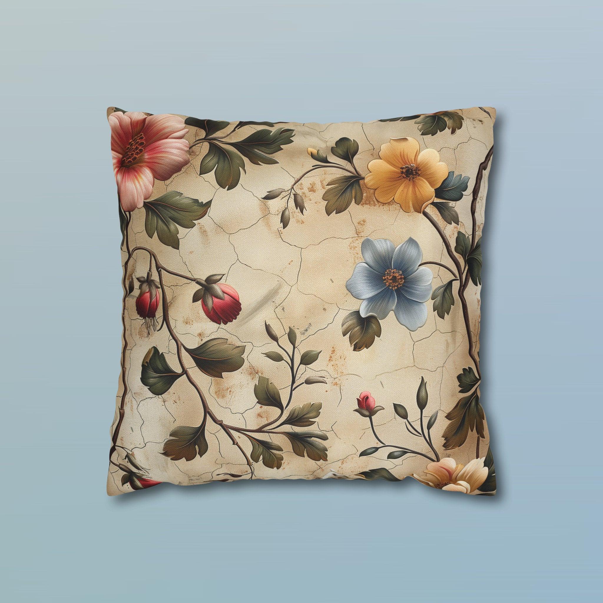 Rustic Italian Floral Pillow Cover: Vintage Watercolor-Inspired Cushion with Soft Blue, Orange & Red Blooms