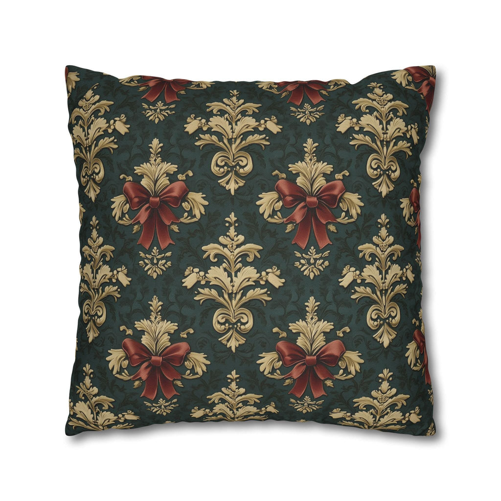 Baroque Damask Christmas Pillow Cover: Evergreen Gold and Simulated Red Bow Holiday Accent
