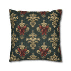 Baroque Damask Christmas Pillow Cover: Evergreen Gold and Simulated Red Bow Holiday Accent