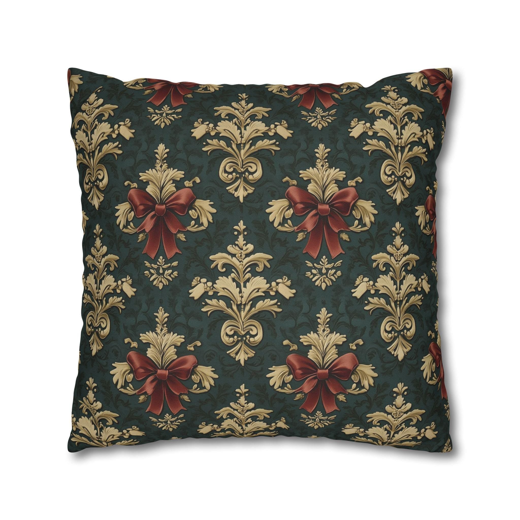 Baroque Damask Christmas Pillow Cover: Evergreen Gold and Simulated Red Bow Holiday Accent