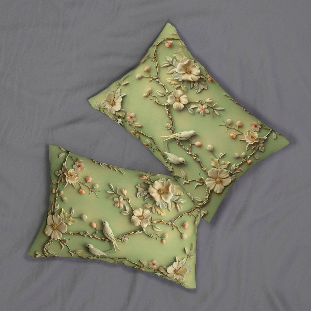 Lumbar Pillow: Chinoiserie Birds and Flowers - Pastel Sage Green