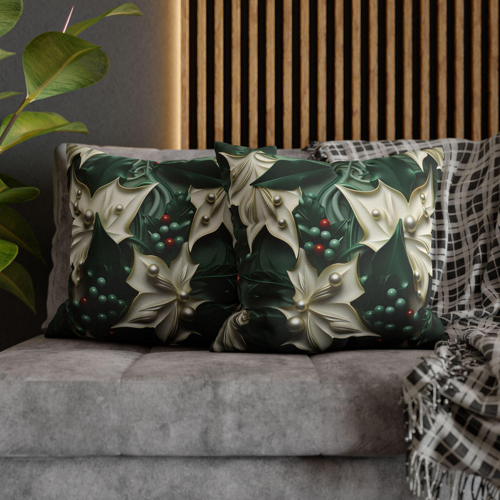 Elegant Holly Leaves & Berries Pillow Cover: Winter Emerald Green Decor with Smooth Design