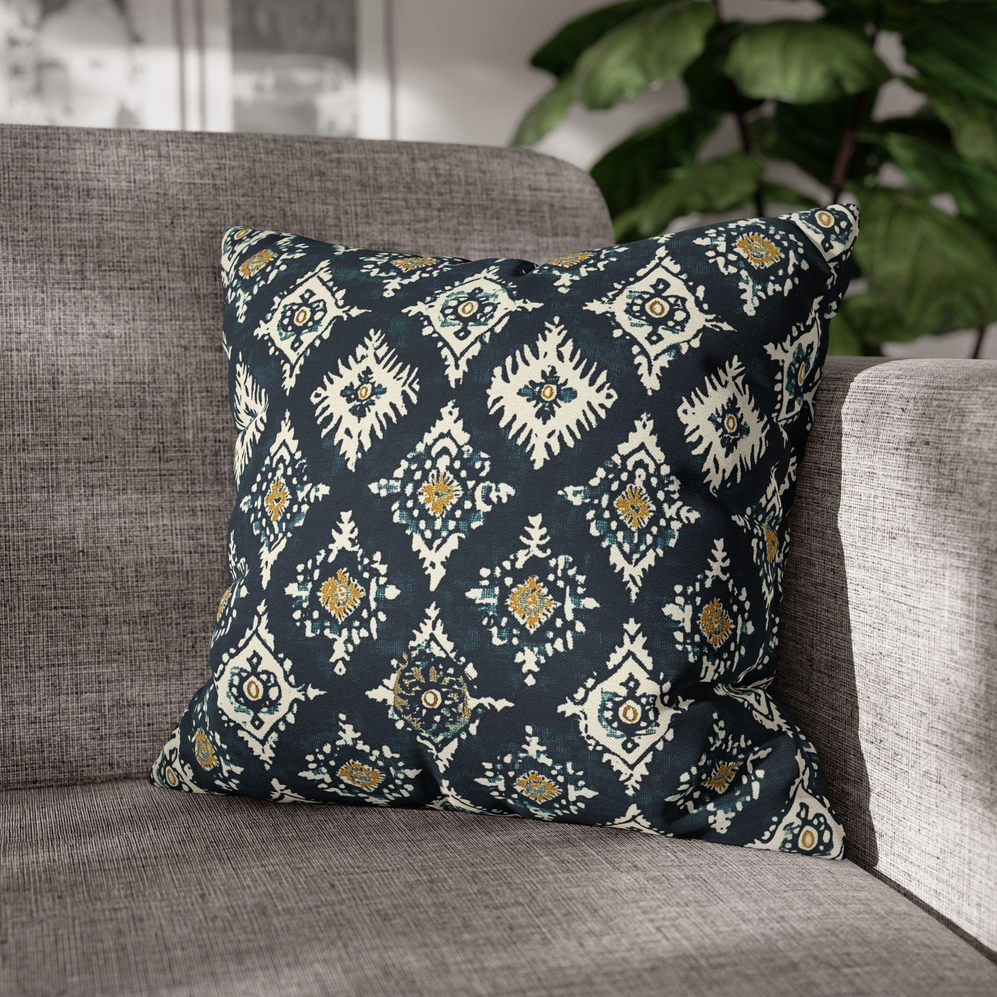 Traditional Ikat Style Pillow Cover | Dark Blue, White, Mustard Yellow | Geometric Design