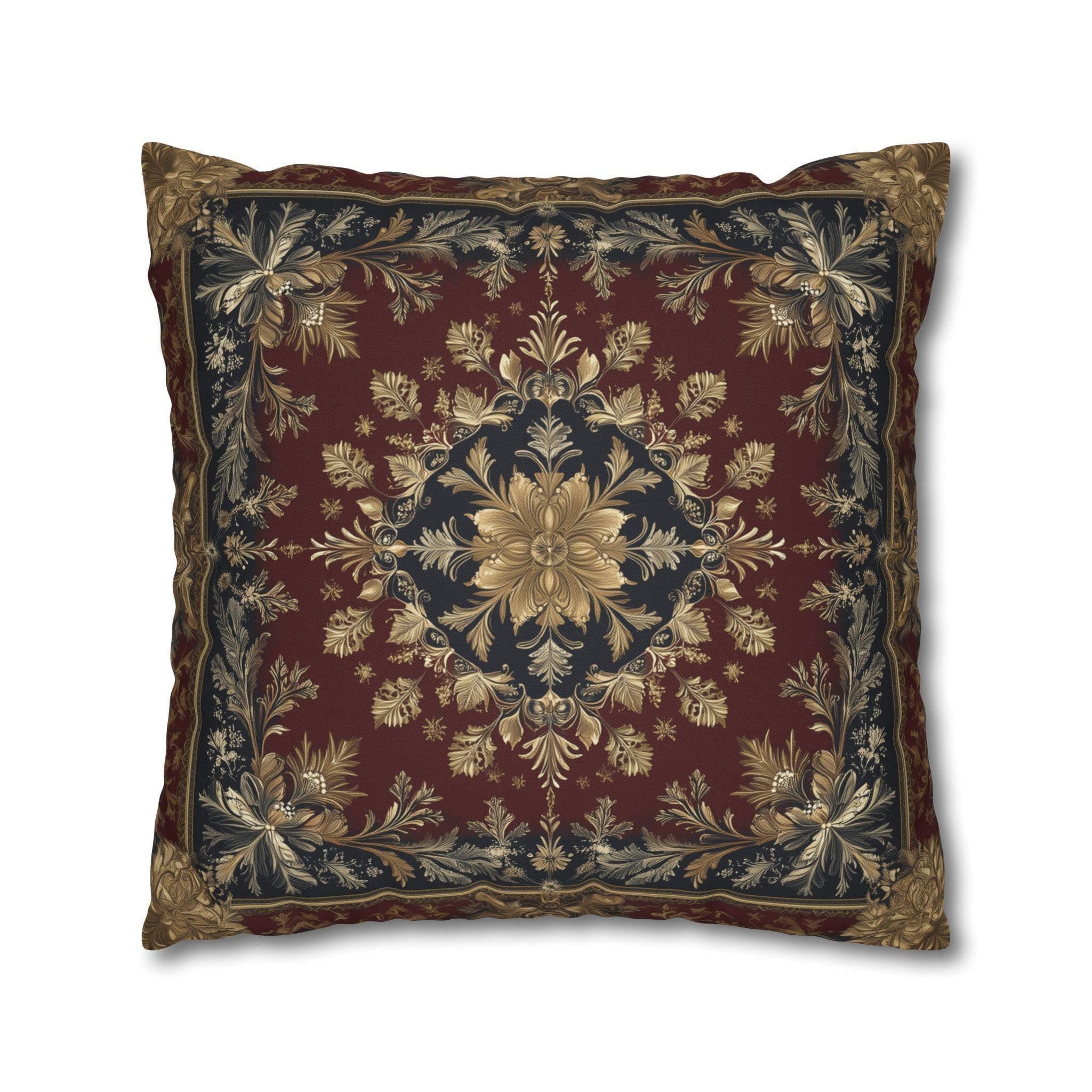 Vintage Inspired Pillow Cover: Gold Floral Burgundy Cushion