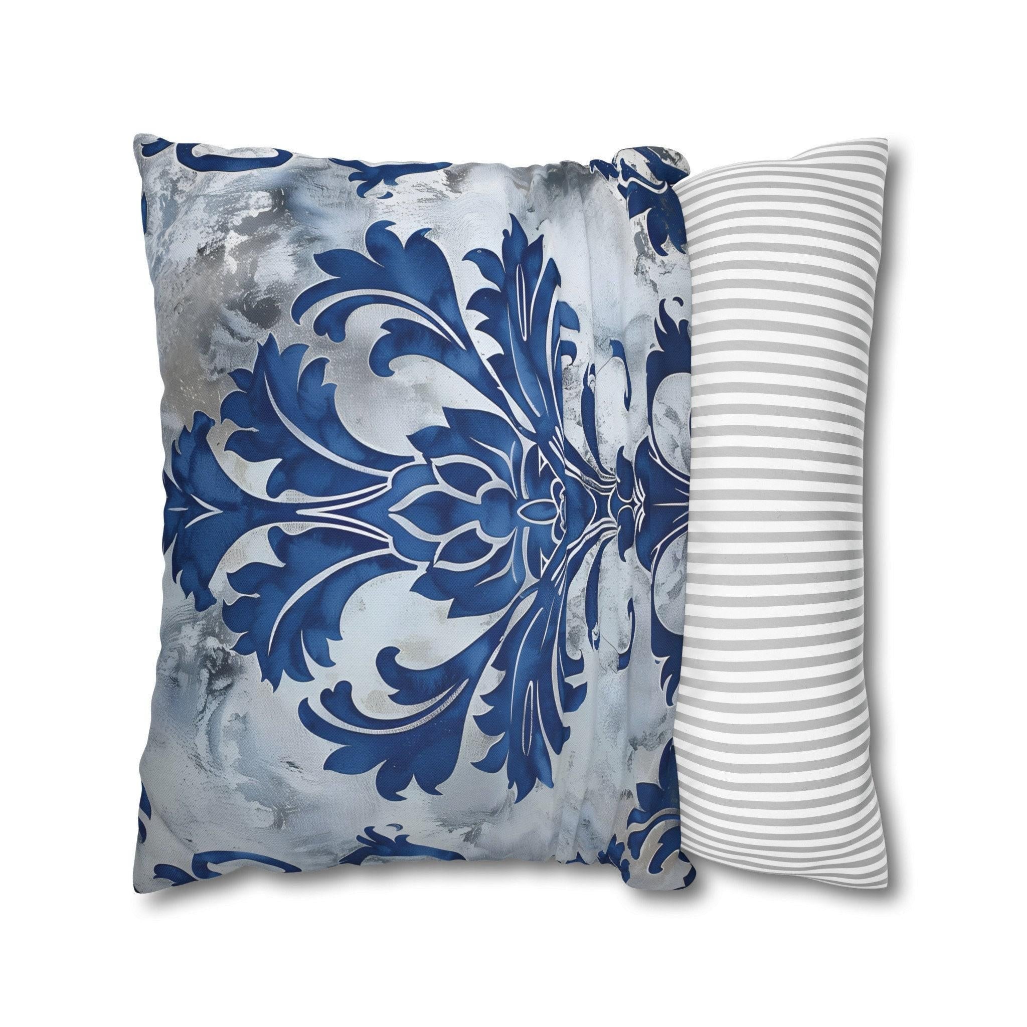 Elegant Royal Blue & Silver Baroque Floral Square Pillow Cover for Upscale Living Room Decor