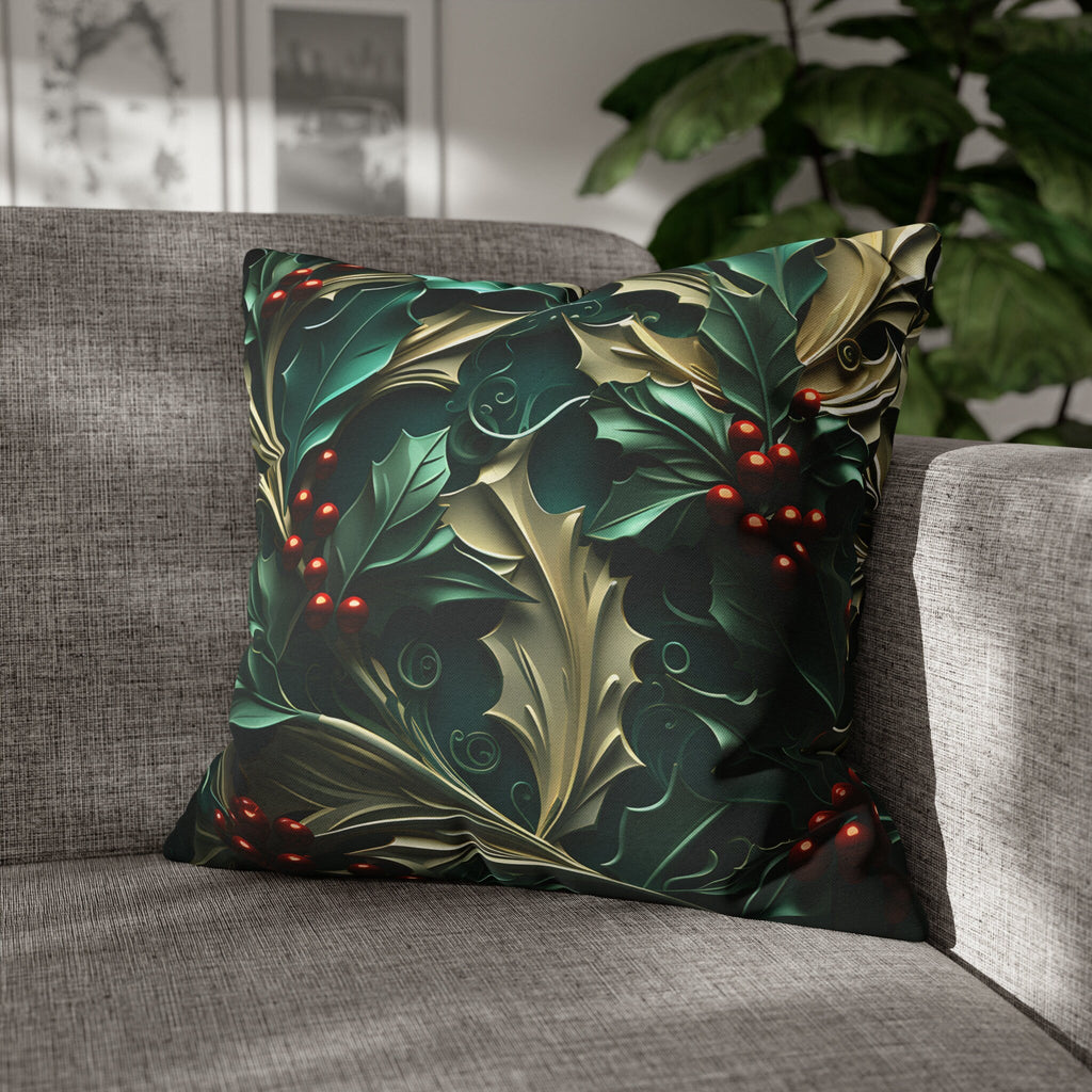 Holly Berry Christmas Pillow Cover: Deep Green & Red Holiday Decor