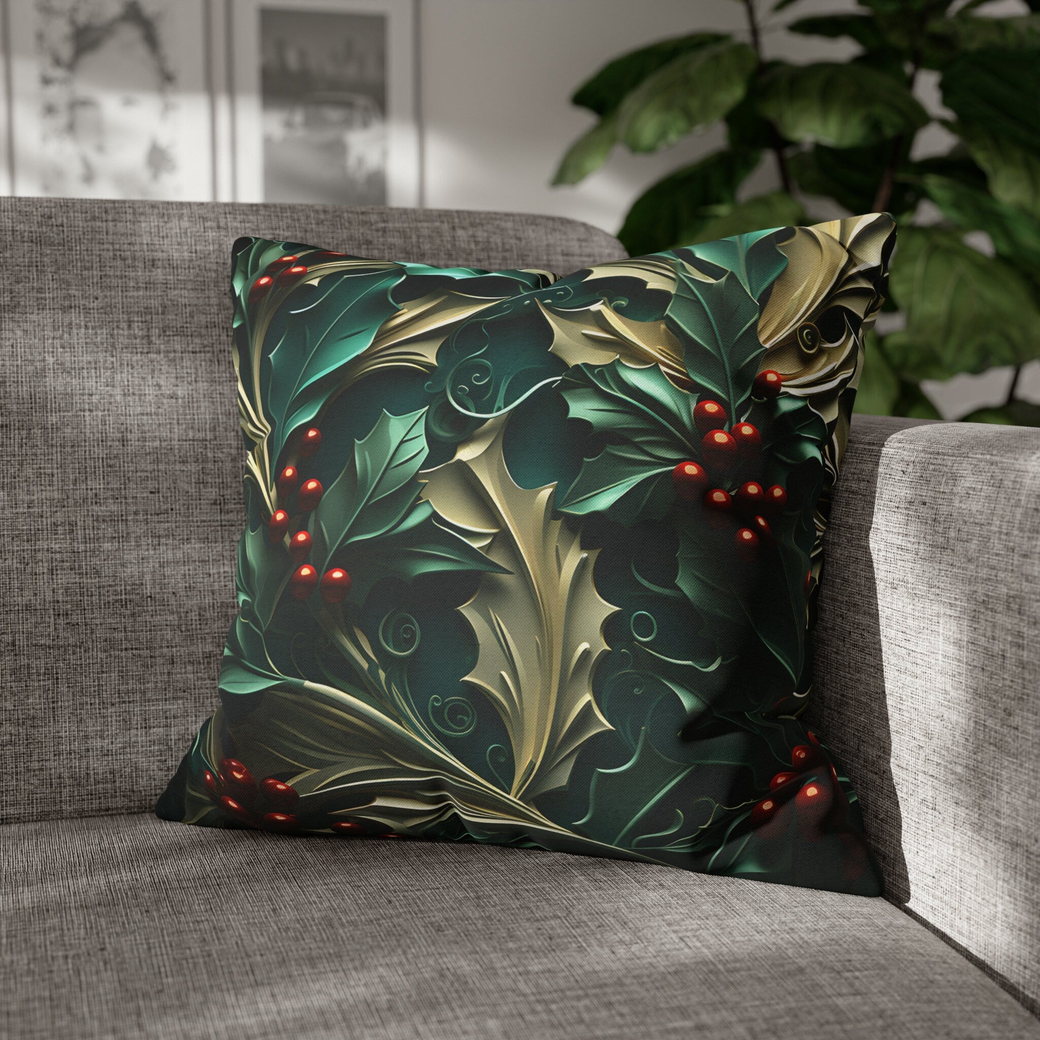 Holly Berry Christmas Pillow Cover: Deep Green & Red Holiday Decor