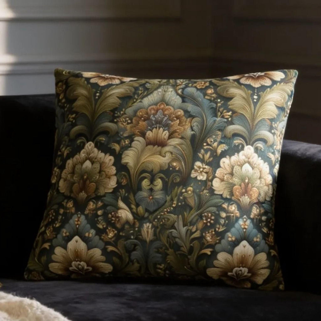 Botanical Damask Throw Pillow Cover: Moody Sage, Teal and Cream Floral