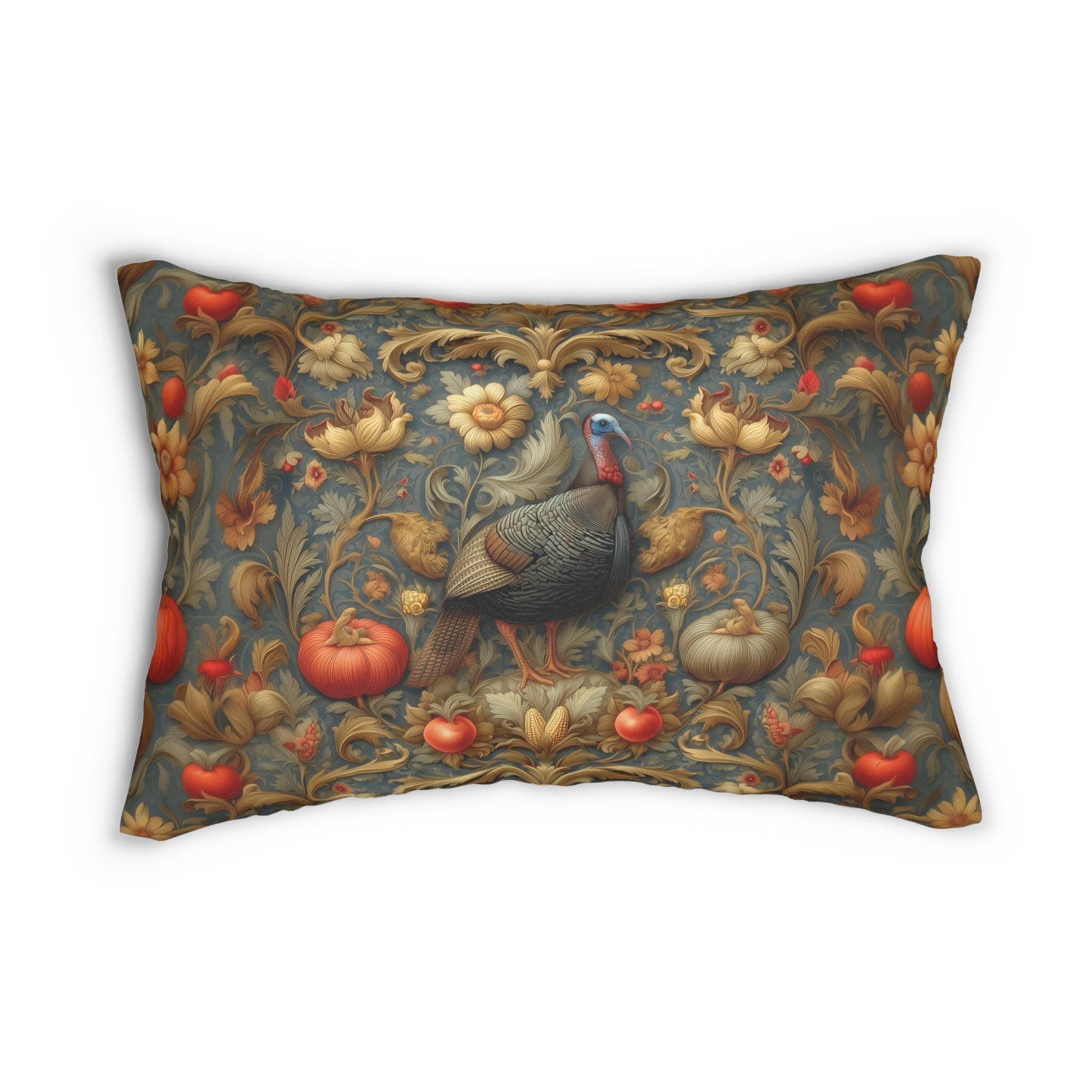 William Morris Wild Turkey Tapestry Lumbar Pillow: Autumn Harvest Thanksgiving Decor