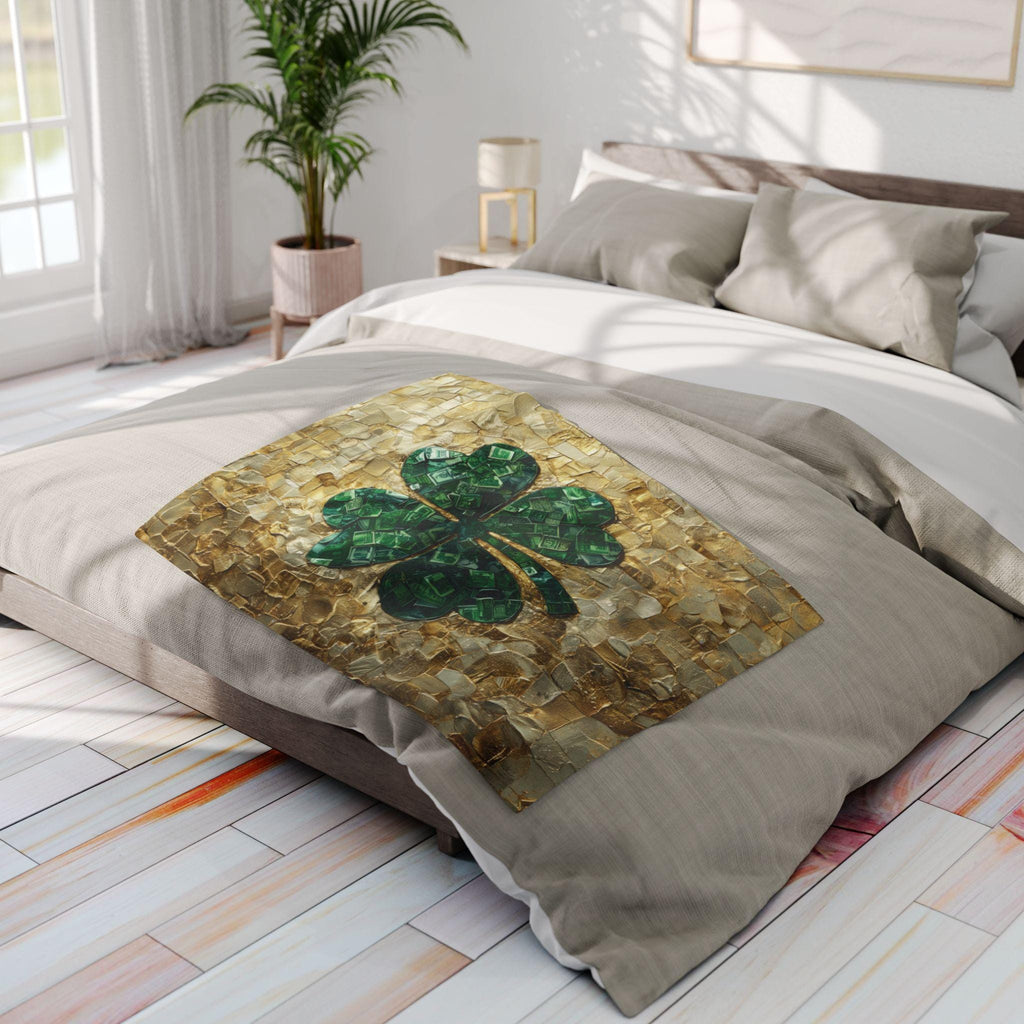 St Patrick's Day Lucky Clover Fleece Blanket - Green and Gold Irish Heritage Throw for Wealth & Fortune