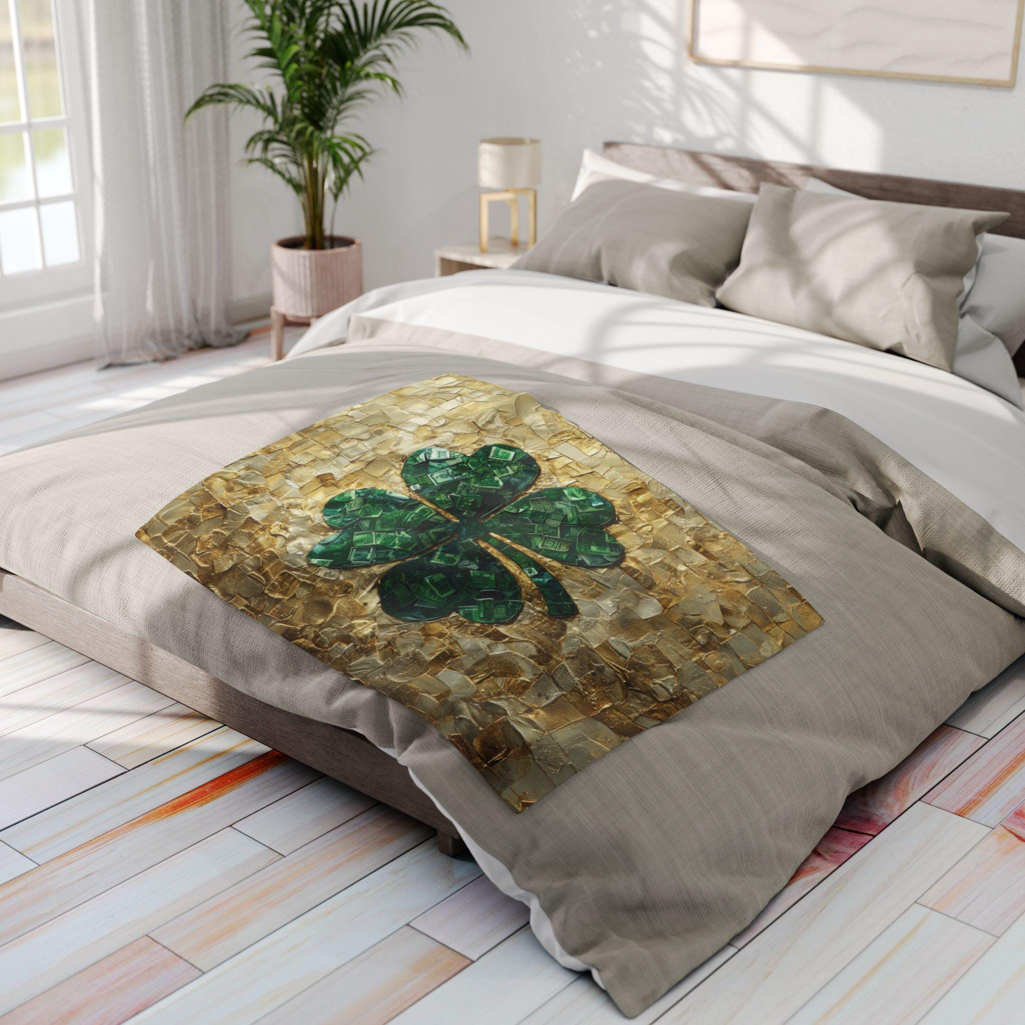 St Patrick's Day Lucky Clover Fleece Blanket - Green and Gold Irish Heritage Throw for Wealth & Fortune