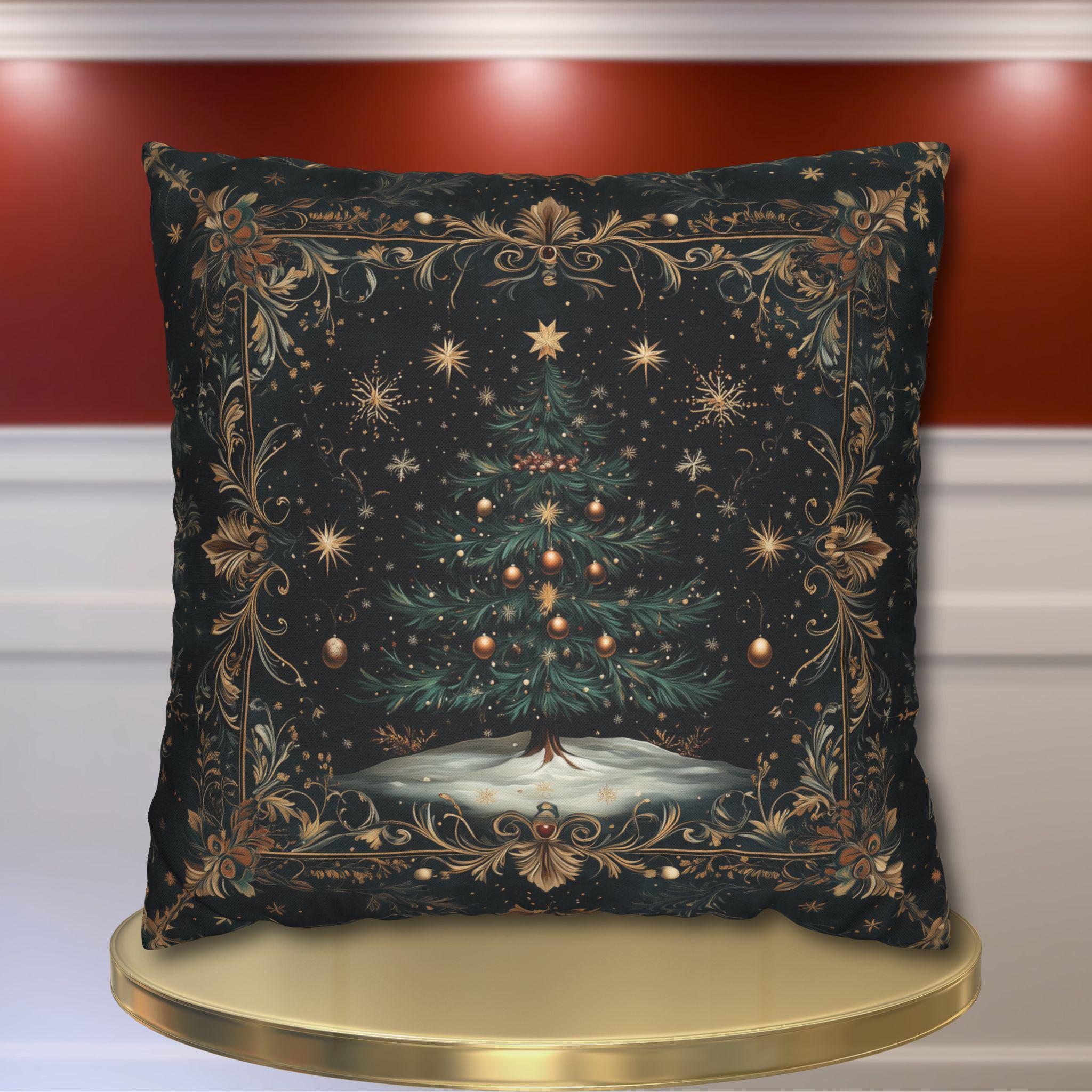 William Morris Christmas Tree Pillow Cover Starry Night Holiday Decor Elegant Gold Botanical Style