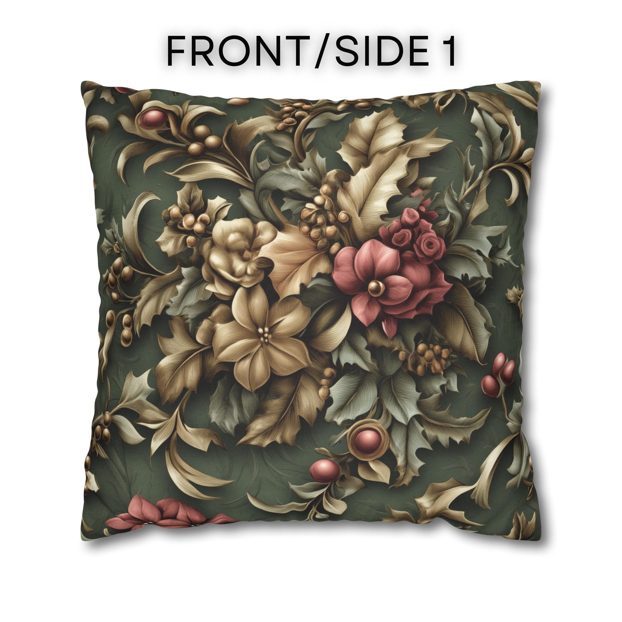 William Morris Inspired Holly & Poinsettia Christmas Pillow Cover: Pine, Gold, Cranberry
