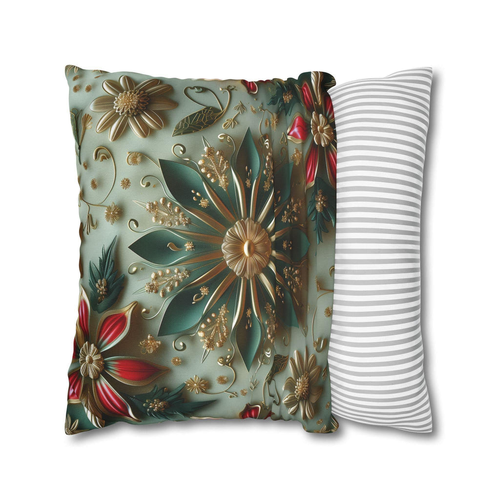 Elegant Christmas Pillow Cover: Snowflake, Poinsettias, Gold Details