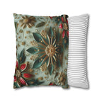 Elegant Christmas Pillow Cover: Snowflake, Poinsettias, Gold Details