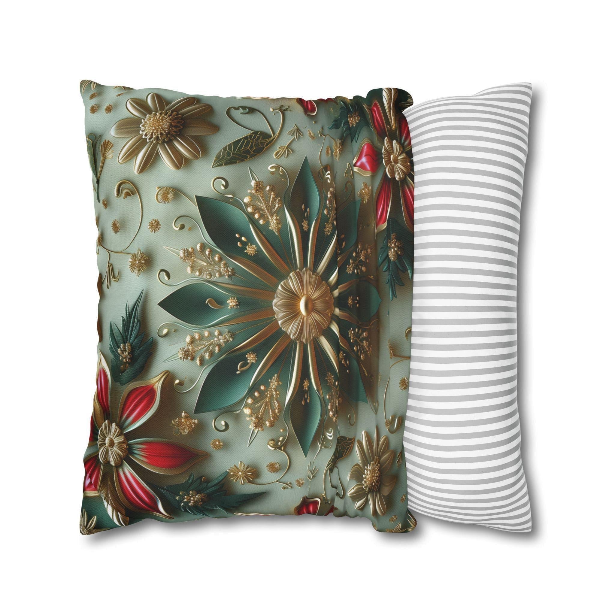 Elegant Christmas Pillow Cover: Snowflake, Poinsettias, Gold Details