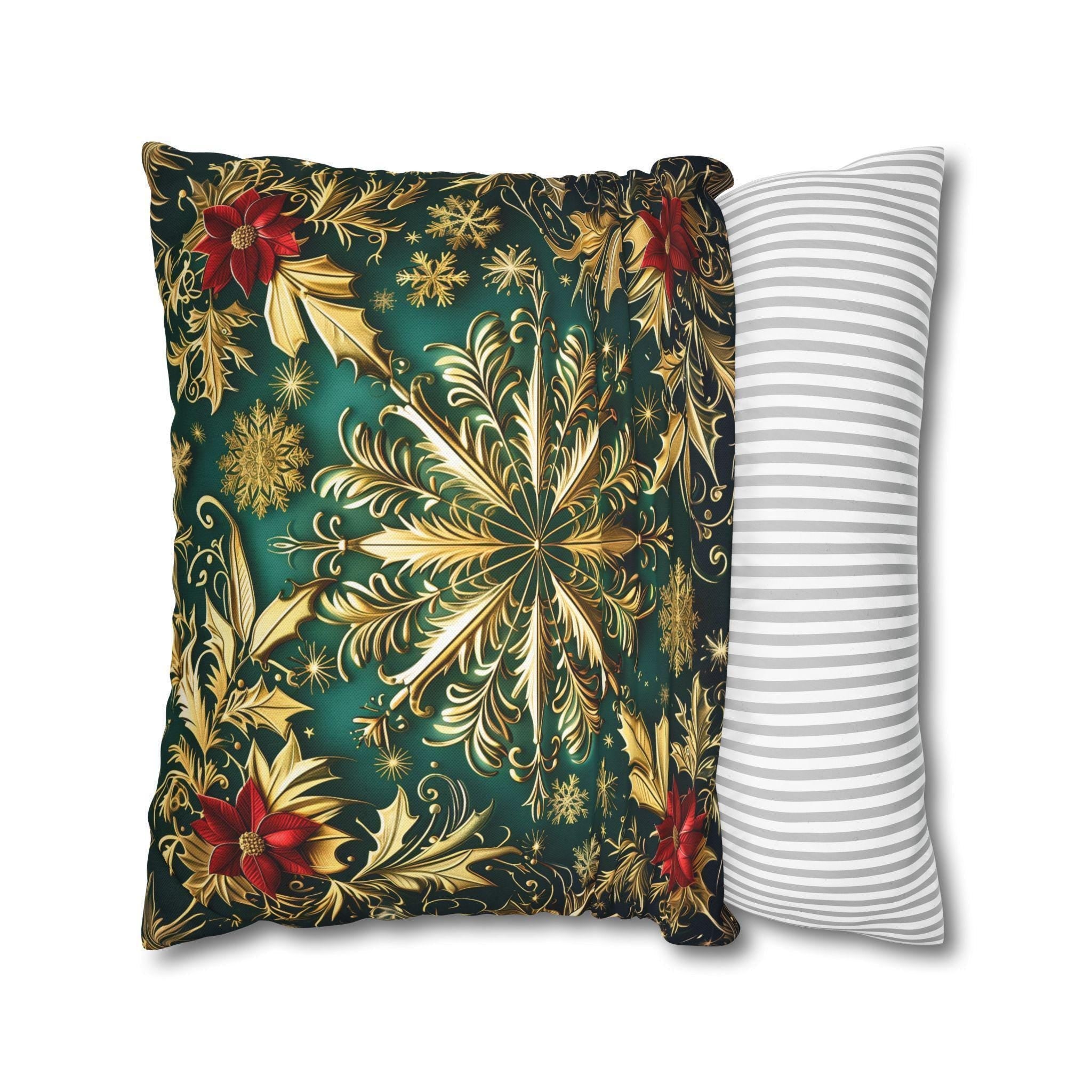 Christmas Snowflake Pillow Cover, Elegant Emerald Green and Gold Design, Luxury Cushion Cover