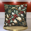 Elegant Emerald Pillow Cover: Golden Holly & Silver Snowflakes for Festive Holiday Decor